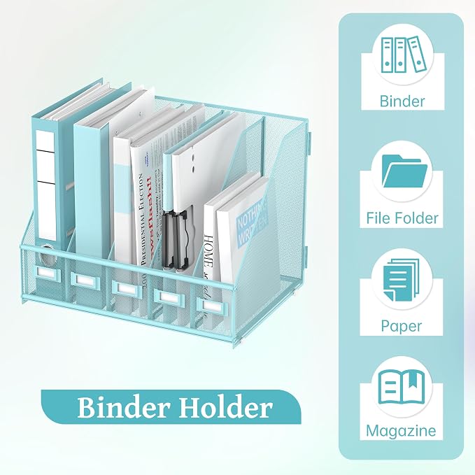 SUPEASY Desk Organizers Metal Desk Magazine File Holder with 5 Vertical Compartments Rack File Organizer for Office Desktop, Classroom, Home Workspace, Blue Plus