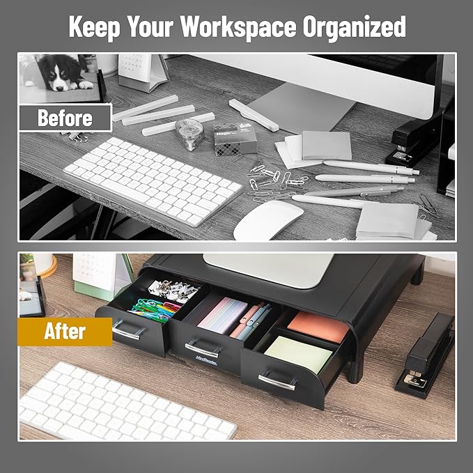 Mind Reader Monitor Stand, Laptop Riser, Desktop Organizer, Storage Drawer, Office, Plastic, 13.5"L x 13"W x 4"H, Black