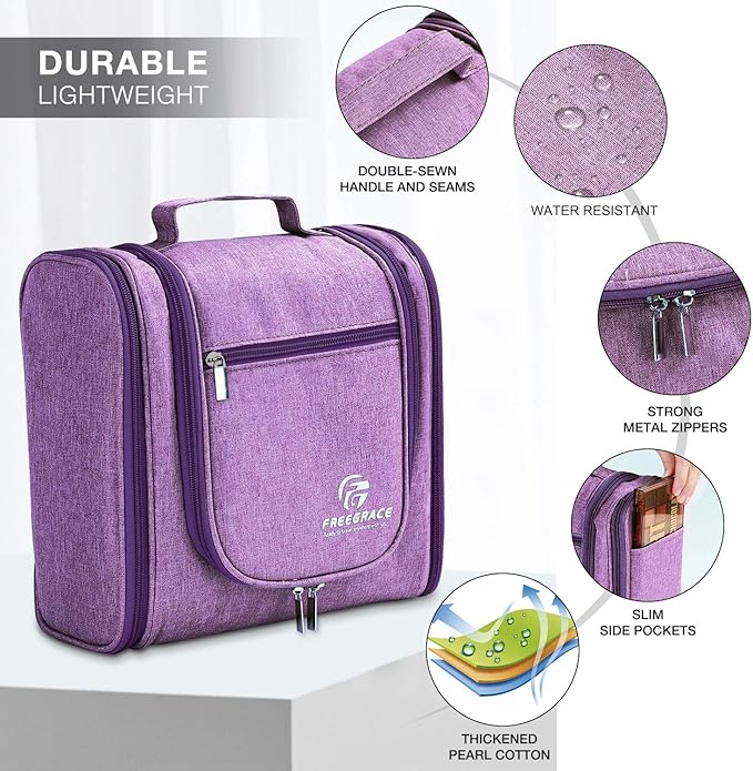 Freegrace Extra Large Hanging Toiletry Bag for Men and Women - Water-Resistant Nylon Travel Bathroom Organizer for Cosmetics, Makeup, and Toiletries