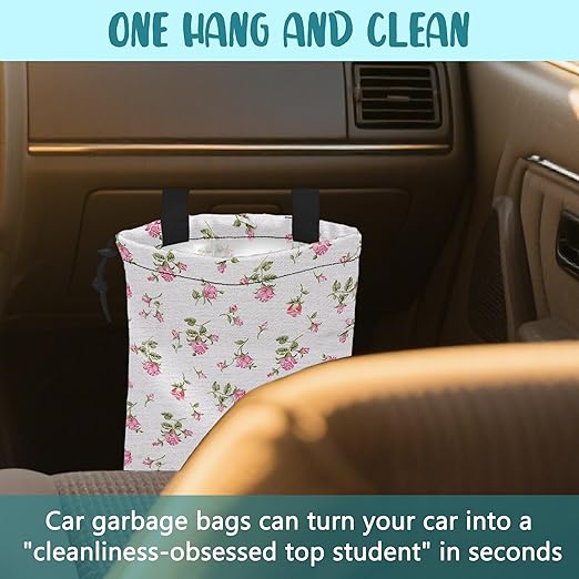 Car Garbage Bag Small Pink Rose Floral Drawstring Car Trash Bag Hanging for Back Seat with Adjustable Buckle Canvas Vehicle Trash Can Easy-to-Install
