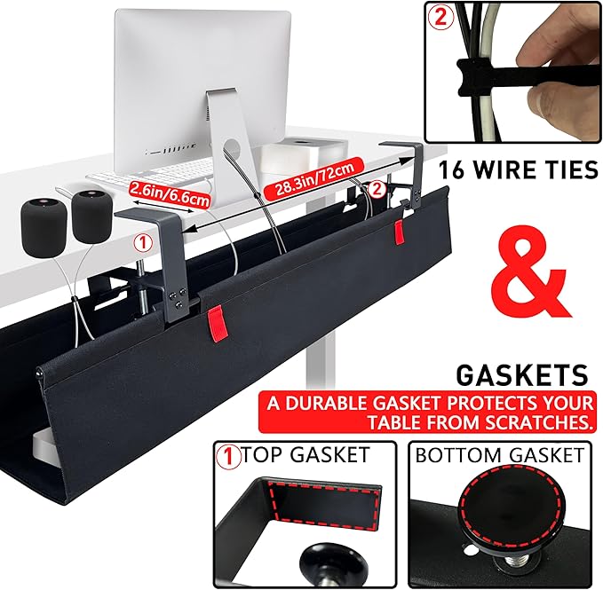 [Upgraded] Under Desk Cable Management, 48" Cord Organizer, with Silicone Pads (No Scratch!), 16 Cable Ties, Washable PE Honeycomb Base,Fits Any Desk 0-2.1", No Stinky Cardboard!Black 48"L x 6"W