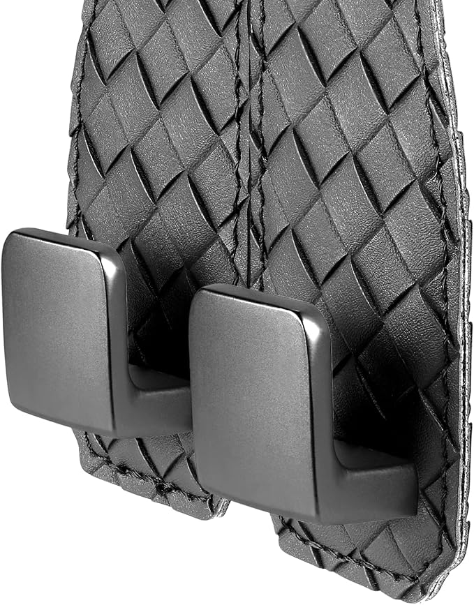 2 Pack Car Seat Headrest Hooks, Nappa Leather Car Back Seat Hangers for Purses and Bags, Woven Design with Double Dual Zinc Alloy Hooks for Car Organization and Storage(Black)