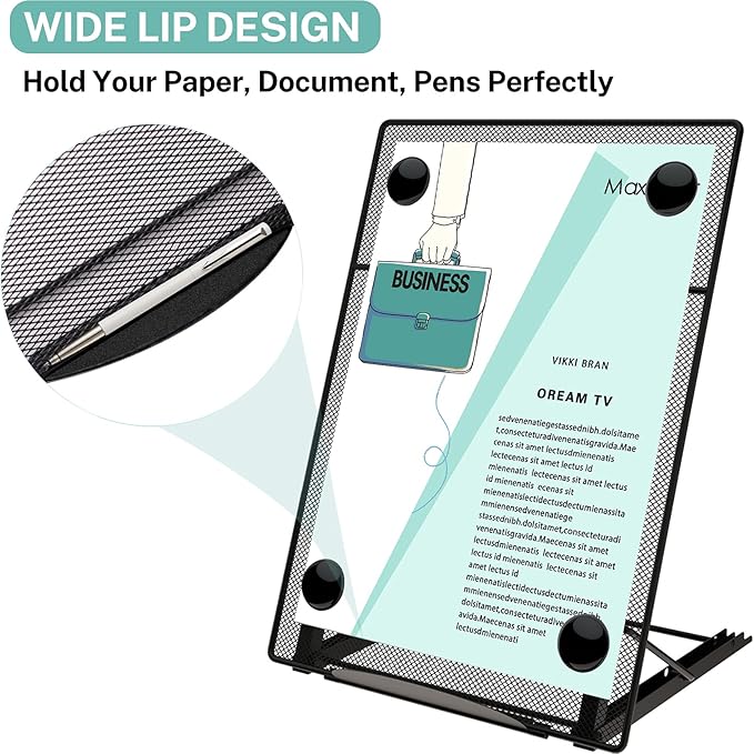 MaxGear Desktop Document Holder for Typing, Foldable Paper Holder Stand for Desk with 4 Magnetic Buckles, Metal Mesh Letter Copy Holder with Non-Slip Base, 6 Adjustable Viewing Angles, Black