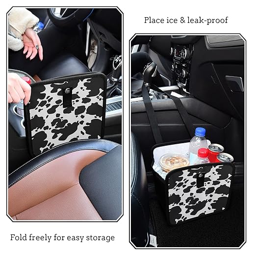 Black White Cow Car Trash Can, Animal Skin Print Foldable Hanging Car Trash Bag, Small Waterproof Car Accessories Garbage Bin