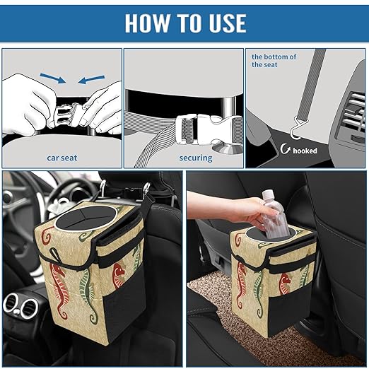 Car Trash Can Retro Seahorse Auto Garbage Bag Car Trash Can with Lid Leak-Proof Car Storage Bag Garbage Bag Hanging for Headrest Collapsible and Portable with Storage Mesh Pocket