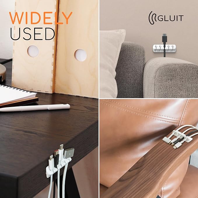 GLUIT Cord Organizer for Desk, Cable Holder for Nightstand, Charger Organizer, Adhesive Desktop Wire Clips, Multislot Cable Management, Table Organizer Accessories - 5 Pack, 15 Slots, White