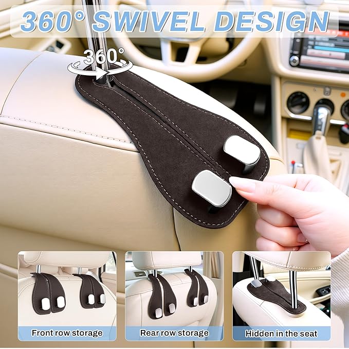 SINGARO 2PCS Car Purse Holder Hook, Seat Back Storage Hook, Leather-Wrapped Alloy Double Headrest Hook for Purses & Bags, Cute Car Interior Accessories for Women and Men, Brown