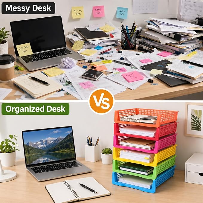 ZZYFGH 6 Pack Turn in Trays Classroom, Colorful Turn in Trays for Teachers, Plastic Classroom Paper Organizers, Stackable Tray for Classroom, Library, Drawers, Office Desk (13.4 * 9.5 * 2.7in)