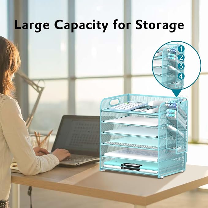 SUPEASY 6 Tier Paper Organizer with 4 Pen Holders, Mesh Letter Tray with Handle, A4 File Organizer, Blue