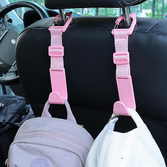 Amooca Car Headrest Hooks 4 Pack Adjustable Universal Fit Auto Seat Back Organizer Storage Hanger Purse Bags Holder with Clip Pink