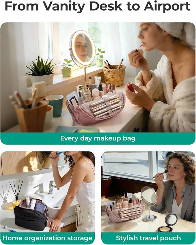 BAGSMART Travel Makeup Bag for Women, Portable Fold-down Cosmetic Case, Puffy Padded Make Up Organizer Pouch, Water-resistant Toiletry Bag for Toiletries, Brushes (Baby Pink)