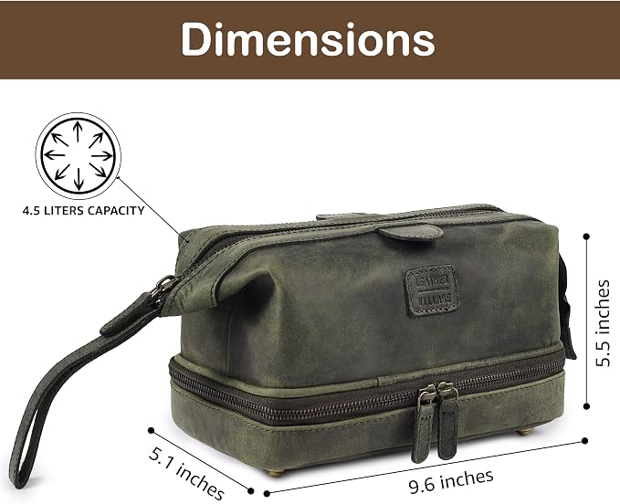 LEATHER VILLAGE Genuine Leather Dopp Kit – Large Travel Toiletry Bag with Waterproof Lining, Dual-Zip Design for Men & Women, Organizer for Shaving, Makeup & Essentials - Olive