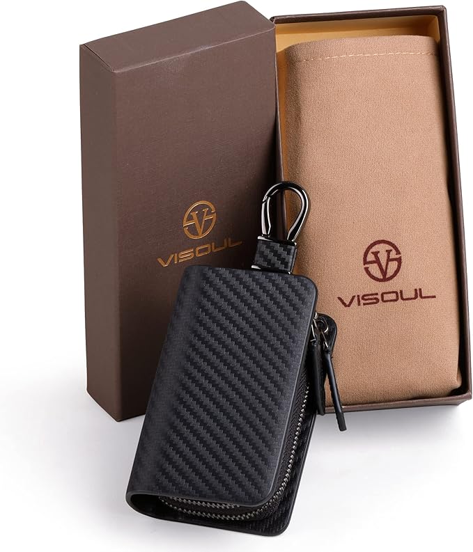 VISOUL Car Key Case Holder Double Zipper, Leather Car Smart Key Fob Case with Keychain for Men and Women