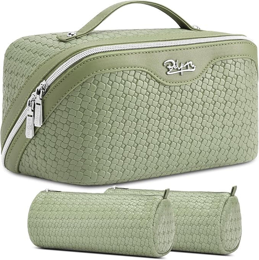 BOYATU Travel Makeup Bag Cosmetic Bags for Women: Large Capacity 3 Pcs Set Make up Bag with Compartments - Waterproof Vegan Leather Toiletry Organizer Bags with Handle (L51Grass Green)