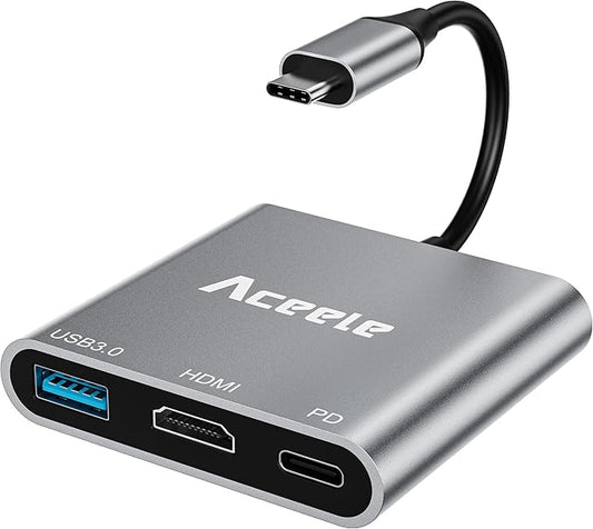 Aceele USB C to HDMI Adapter, USB C Hub with 100W PD 2.0, USB-A 3.0 Data Port, 4K HDMI Output Port, Type C Multiport AV Converter for MacBook Pro/Air, iPad, Tablets, Switch, TV, Monitor and More