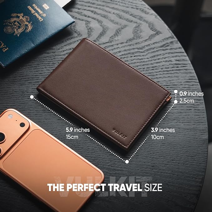 VULKIT Bilfold Passport Holder Leather RFID Blocking Passport Wallet with Hidden Pocket Slim Travel Documents Organizer for Men or Women (Passport, Card, Cash, Coin, SIM Card, Ticket)