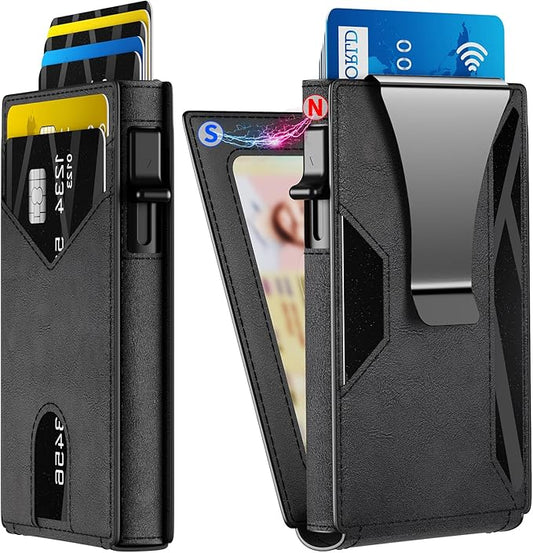 Wallet for Men Aluminum RFID Blocking-Metal Smart Pop-Up Credit Card Holder with 2 ID Windows, Holds 8-10 Cards,Bifold Security Front Pocket Wallet & Money Clip,Men's accessories (Black)