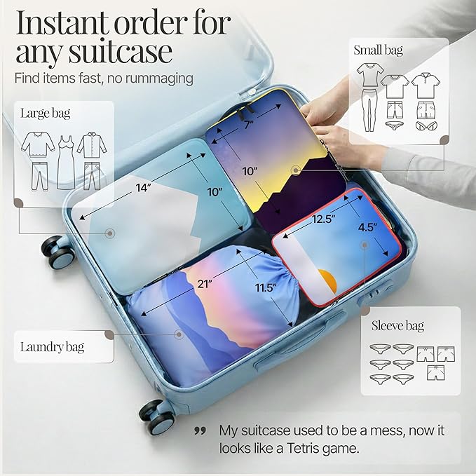 Well Traveled 8 pcs Compression Packing Bags Cubes Set with HybridMax Double-Capacity Design - Packing Cubes for Travel Compression to Maximize Limited Luggage Space, Vista