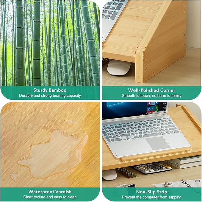 Ufine Bamboo Laptop Stand for Desk 3 Heights Adjustable Notebook Stand Computer Monitor Riser with 2 Tier Storage Shelf, Desktop Organizer Printer Stand for Home Office