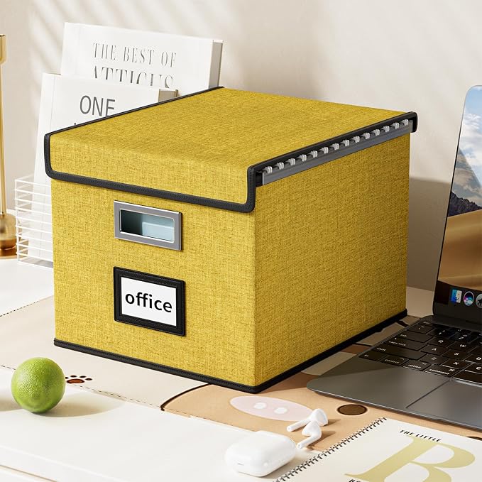 File Organizer Box with Lid, Collapsible File Folder Organizer for Office Document Storage, Filing Box with Plastic Slide for Letter Size Hanging Files(1 Pack, Yellow)