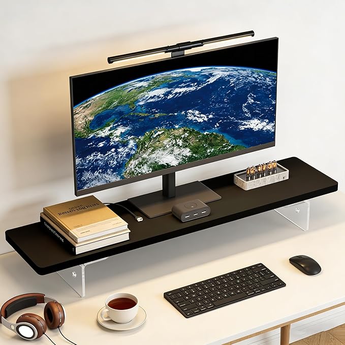 Computer Monitor Stands, Wood & Acrylic Computer Monitor Stand, Desk Monitor Stand Underneath Storage For Office, Home, School Supplies, 31.5" L (Black)