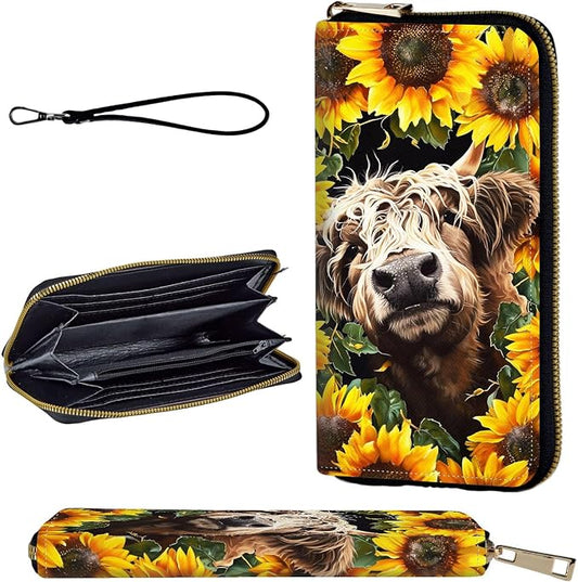 Wallet,Leather Long Wallet Suitable For Ladies And Teenagers - Detachable Wristband + RFID Travel Wallet With Card Slot - Highland Cow Sunflower
