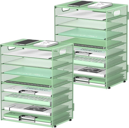 DALTACK 9-Tier Paper Organizer for Desk, Mesh Letter Tray Desk Organizer with Handles, Space-Saving File Organizer for Office Home School Classroom, Mint Green, 2 Pack