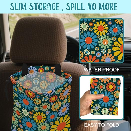 Car Garbage Bag Vintage Groovy 70s Floral Drawstring Car Trash Bag Hanging for Back Seat with Adjustable Buckle Canvas Vehicle Trash Can Easy-to-Install