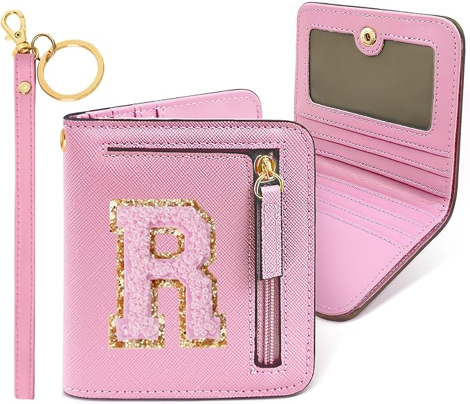 COSHAYSOO Preppy Wallet Gifts for Teen Girls Women Small Wallet RFID Bifold PU Leather Christmas Valentines Easter Mothers Fathers Day Nurse Appreciation Graduation Gifts Chenille Letter R Pink