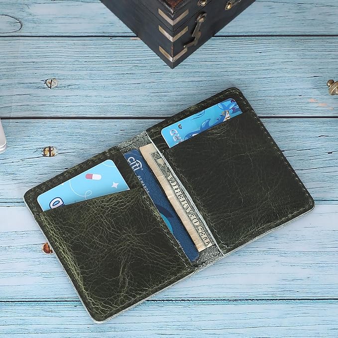 Genuine Leather Bifold Card Holder Wallet for Men & Women Slim Minimalist Front Pocket Credit Card Wallet, Compact Travel & Everyday Carry - Forest Green