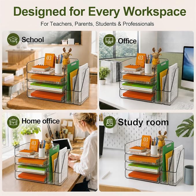 FANXIYQ 4-Tier Acrylic Paper Tray Organizer with Bookends, Large Clear Stackable Letter Tray Organizer for Desk, Acrylic File Organizer & Office Paper Storage, 12.6" Wide Desktop Organizer