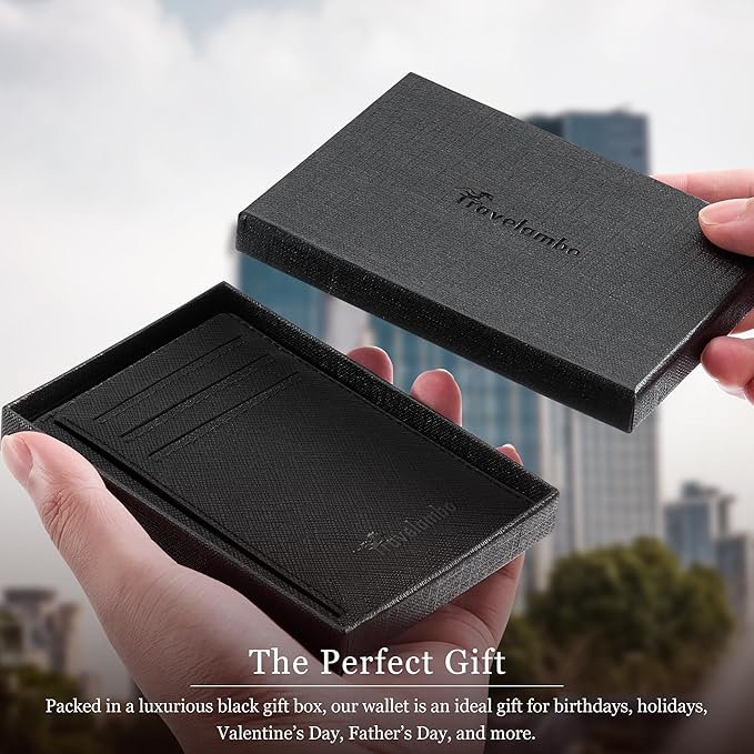 Travelambo 100% Genuine Leather Wallet for Men and Women, Slim Minimalist RFID Blocking Front Pocket Credit Card Holder with Gift Box(Cross Black)