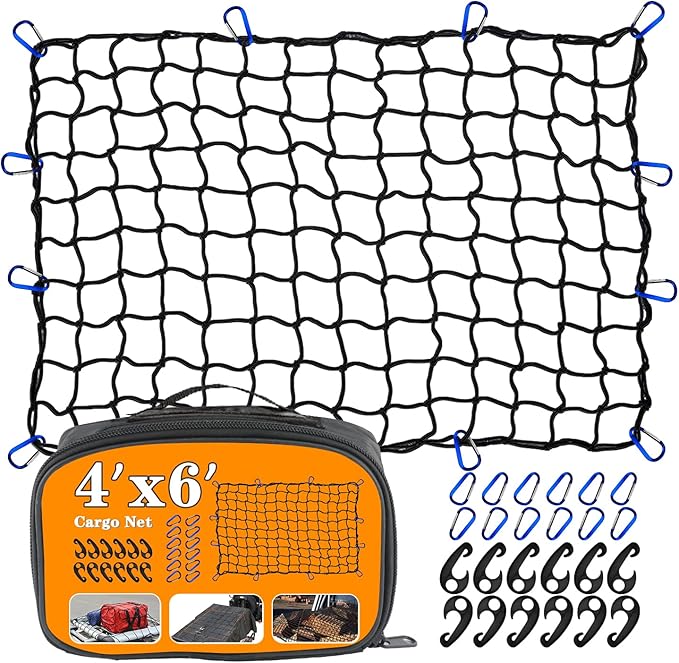 4’x6’ Truck Cargo Net Expands to 8' x 12' with 4"x4" Mesh Grid Super Duty Bungee Heavy Duty Bed Netting for Truck Bed Stretches with 12 Adjustable Metal Carabiners by Cenipar