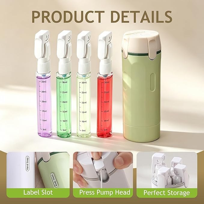 4 in 1 Travel Dispenser Bottle, 4 Pack 30ml Portable Leakproof Rotatable Travel Dispenser Set with Label, Suitable for Storing Shower Gel, Shampoo, Laundry Detergent, for Travel, Camping (White)