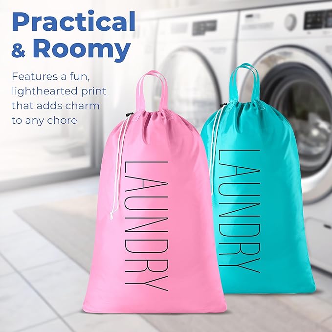Extra Large Travel Laundry Bag - 2-Pack Fun Print Design Bags for Dirty Clothes - Durable Water-Resistant Fabric - Sturdy Drawstring Closure (Pink-Teal | Laundry)