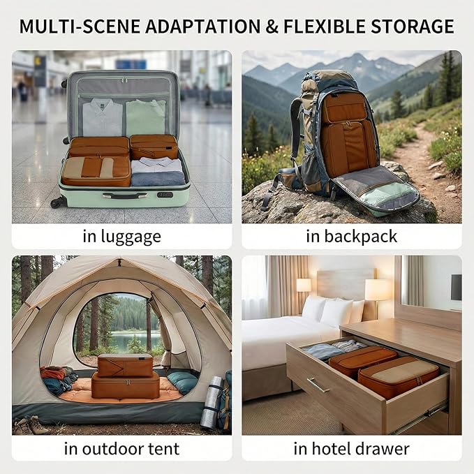 4 Piece Compression Packing Cubes for 3–7 Day Travel, Space Saving Travel Organizers with Breathable Mesh, Double-Zipper Packing Cubes for Carry-On & Suitcases (Brown)