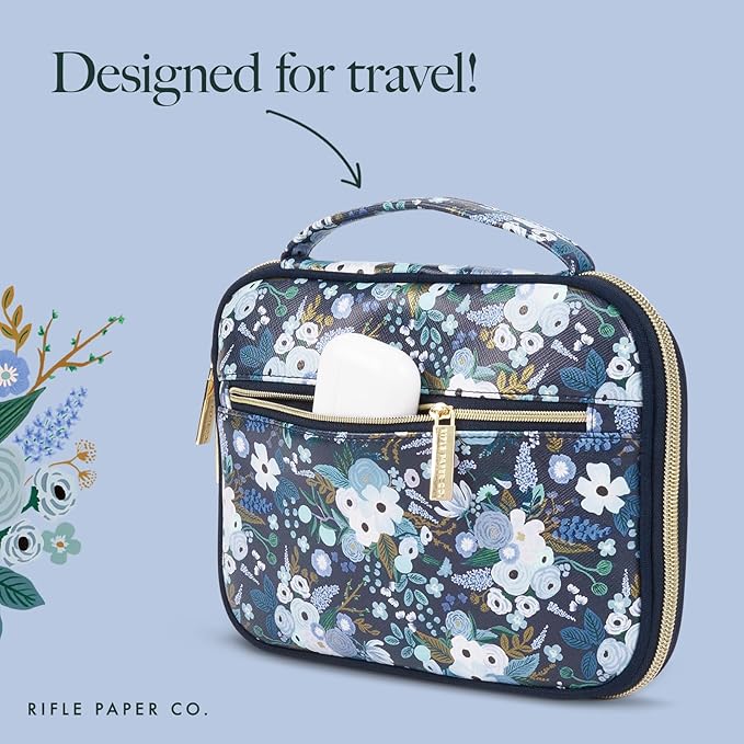 Rifle Paper Co. Electronic Organizer Travel Case - Portable Tech Pouch w/Multiple Storage Mesh Pockets for Cable, Cord, Charger, Power Bank, AirPods - Airplane Travel Essentials Bag -Garden Party Blue