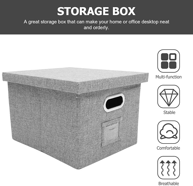 Gray Cloth File Organizer Box with Lid, Office Desk Storage Container for Document Filing and File Carrying, Stackable Desktop Storage Holder for Office Supplies