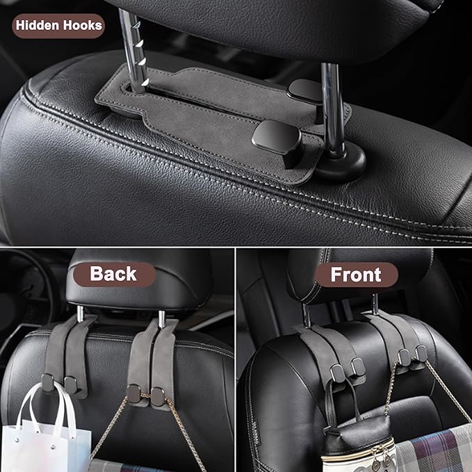 Amelity Universal Car Headrest Hooks, Women’s Car Interior Accessories for Purses Handbags Grocery & Backpacks, Gray 2 Pack
