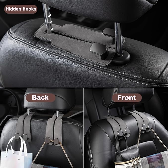 Amelity Car Headrest Hooks, Purse Hook for Vehicle 2 Pack Brown | Universal Car Interior Accessories for Women, Available in 2/4 Pack, Storage Hanger Holds Purses, Backpacks, Grocery Bags
