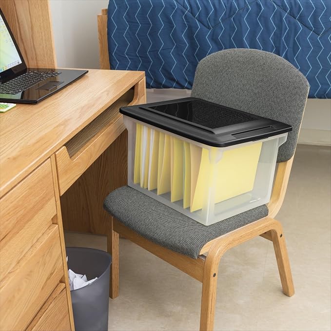 Plastic File Box Clear Storage Bins with Black Lids Letter or Legal-Sized File Storage Container, Stackable, Nestable