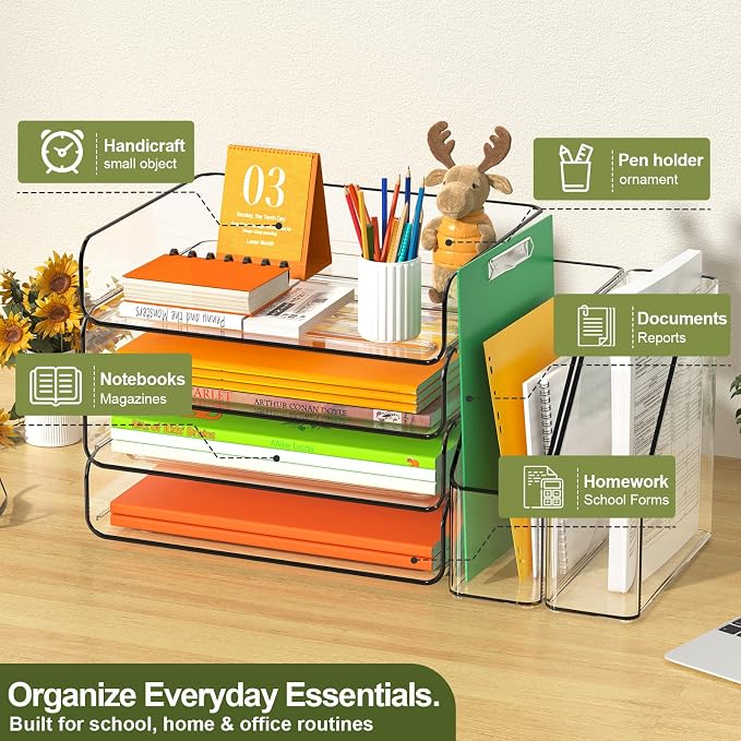 FANXIYQ 4-Tier Acrylic Paper Tray Organizer with Bookends, Large Clear Stackable Letter Tray Organizer for Desk, Acrylic File Organizer & Office Paper Storage, 12.6" Wide Desktop Organizer
