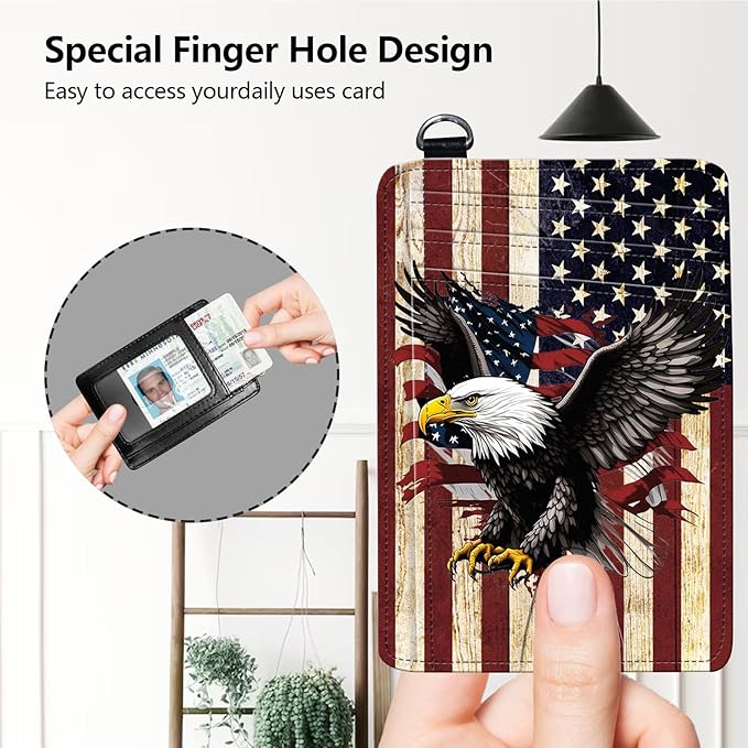 Slim RFID Blocking Card Holder Wallet with Wrist Strap - Minimalist Front Pocket Wallet, Flag Eagle Design, PU Leathe, for Men & Women, Ideal for Travel & Gifts