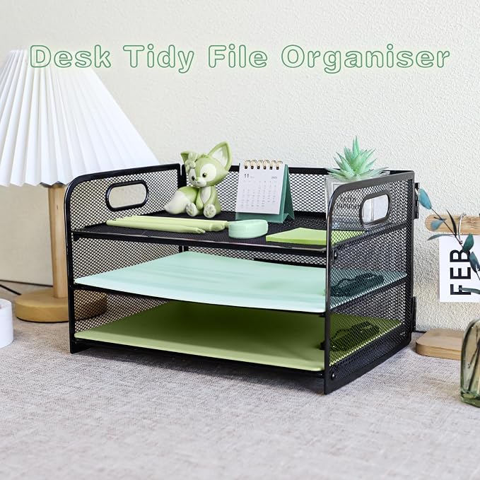 Paper Letter Tray with Handle, 3 Tier Metal Mesh Desk File Organizer, A4 Paper Desktop Filing Trays, Desk Tidy Magazine Document Holder for Home Office, Black