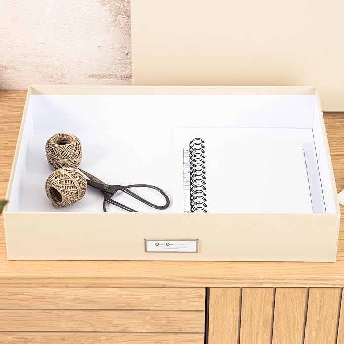 Bigso Sverker Fiberboard Legal/Art Storage Box - Scrapbook Storage Box for Papers, Photos, and More - Durable Memory Box for Keepsakes with Lid and Metal Label Holder - 3.3in x 17.1in x 12.2in - Fawn