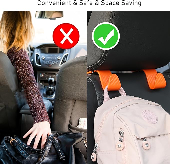 Car Seat Headrest Hook Universal Vehicle Seat Hook Hangers Interior Storage Organizer for Purse Handbag Coats Umbrellas Grocery Bags 4 Pack Orange