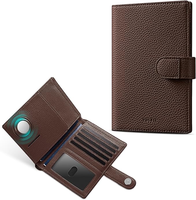 VULKIT Dual Leather Passport Wallet with Airtag Holder Slim Double Passport Holder RFID Blocking Passport Travel Wallet for Women or Men