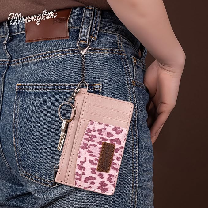 Montana West X Wrangler Credit Card Wallet Leopard Print Credit Card Holder for Women Wristlet Keychain with Wallet Small Ladies Female Wallets with Coin Purse