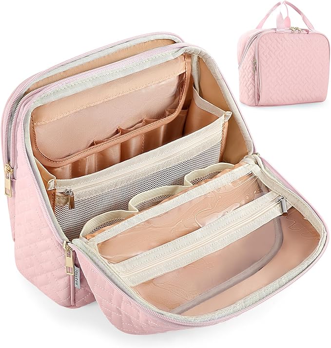 Standing Makeup Bag, Large Capacity with Room for Brushes and Mirror, Travel Makeup Organizer, Portable Stand Up Make Up Case, Waterproof Cosmetic Toiletry Bags with Handle, Color Light Pink