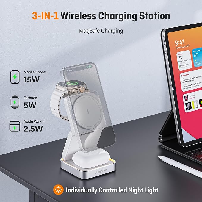 【2026 Upgraded】Wireless Charger 3 in 1, Foldable Wireless Charging Station with Light for Apple MagSafe Charger, Travel Magnetic Charger for iPhone 17/16/15/14/13/12 Apple Watch AirPods (20W Adapter)